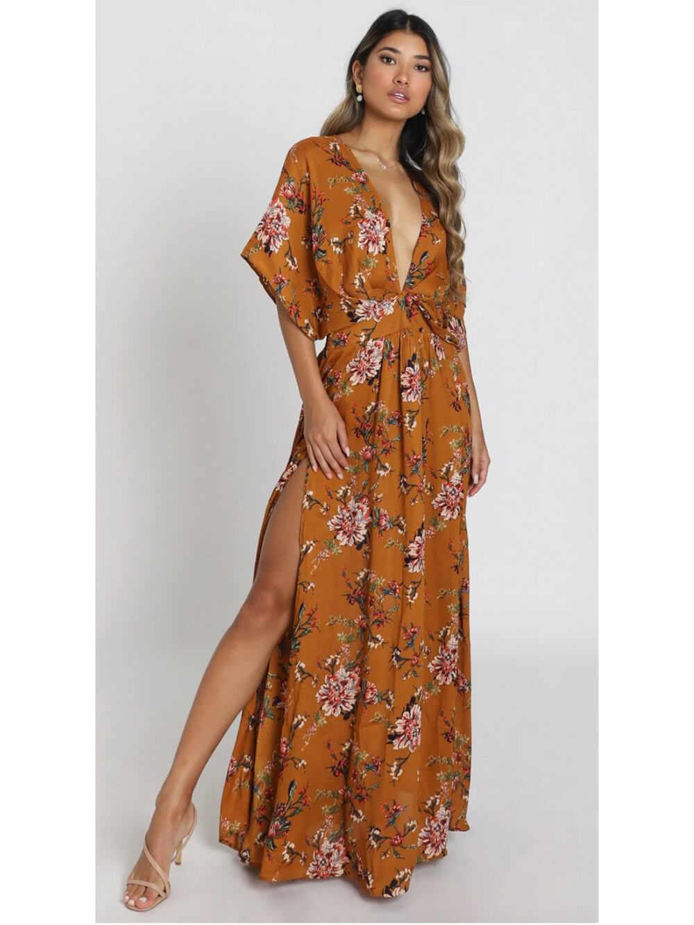 Showpo Vacay Ready Maxi Dress Mustard Floral High Slit Boho Resort Size 14